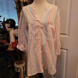 New Chico's Popover Top Pastel Spring Strips Beach Size 3 New with tags